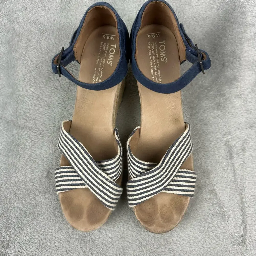 TOMS Wedge Sandals Womens 9.5‎ Navy Blue White Striped Good Espadrille Canvas